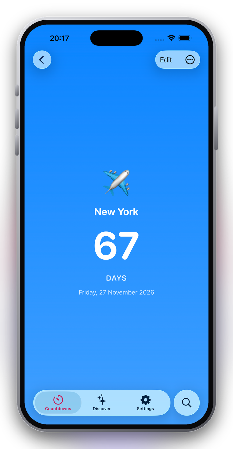 A single countdown in full screen — 67 days to New York.