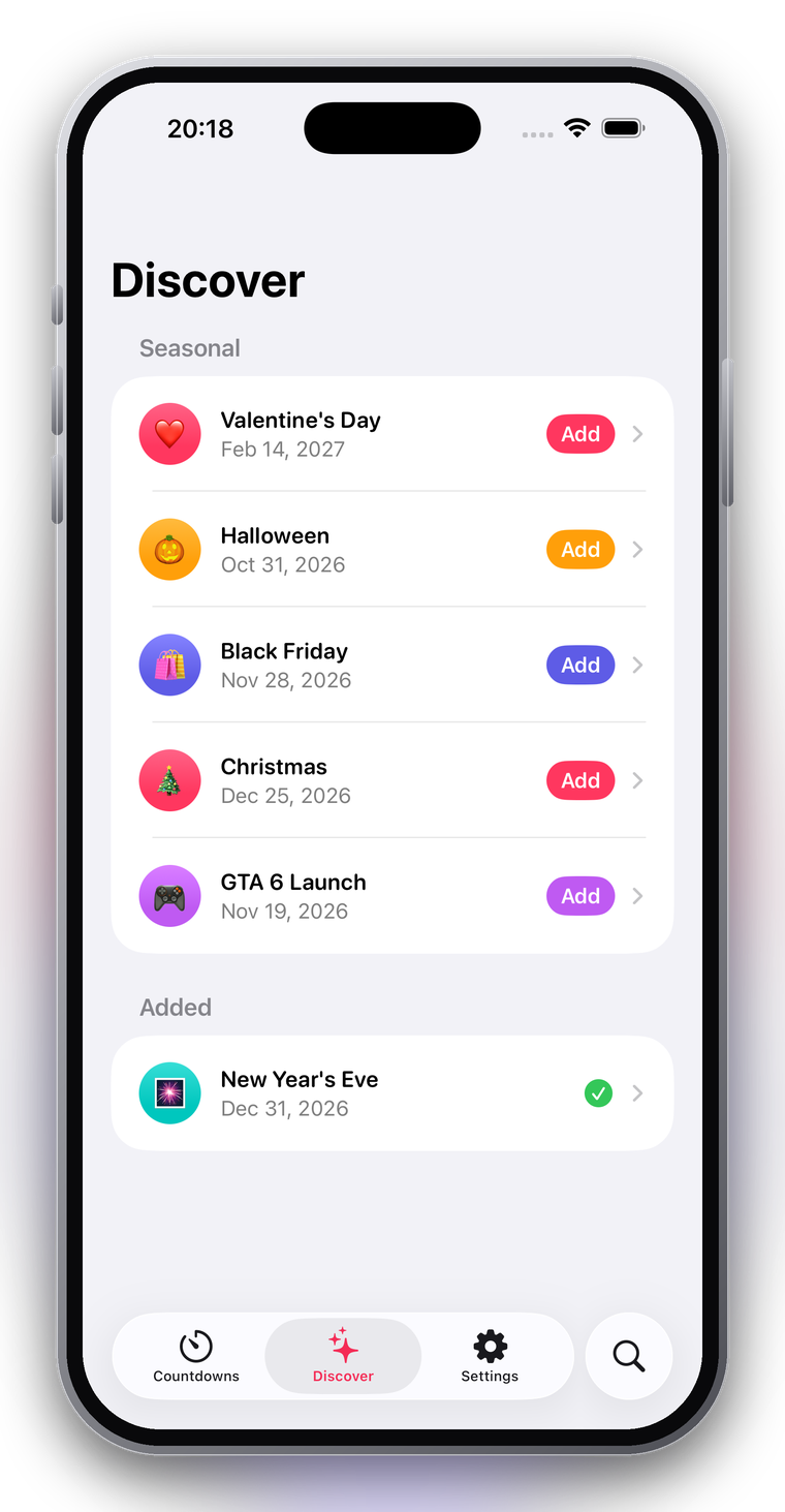 The Discover tab — seasonal countdowns like Halloween, Black Friday and Christmas, ready to add.