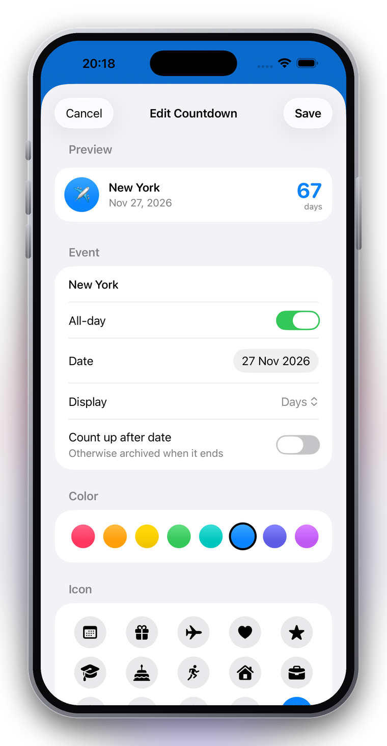 The countdown editor — color and icon pickers, display units and a count-up toggle.
