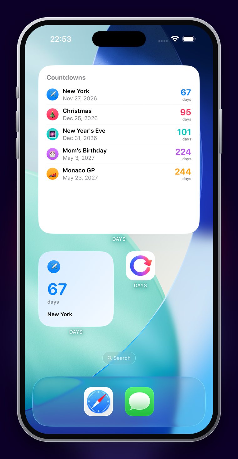 DAYS Home Screen widgets — a multi-event list widget and a small countdown widget.