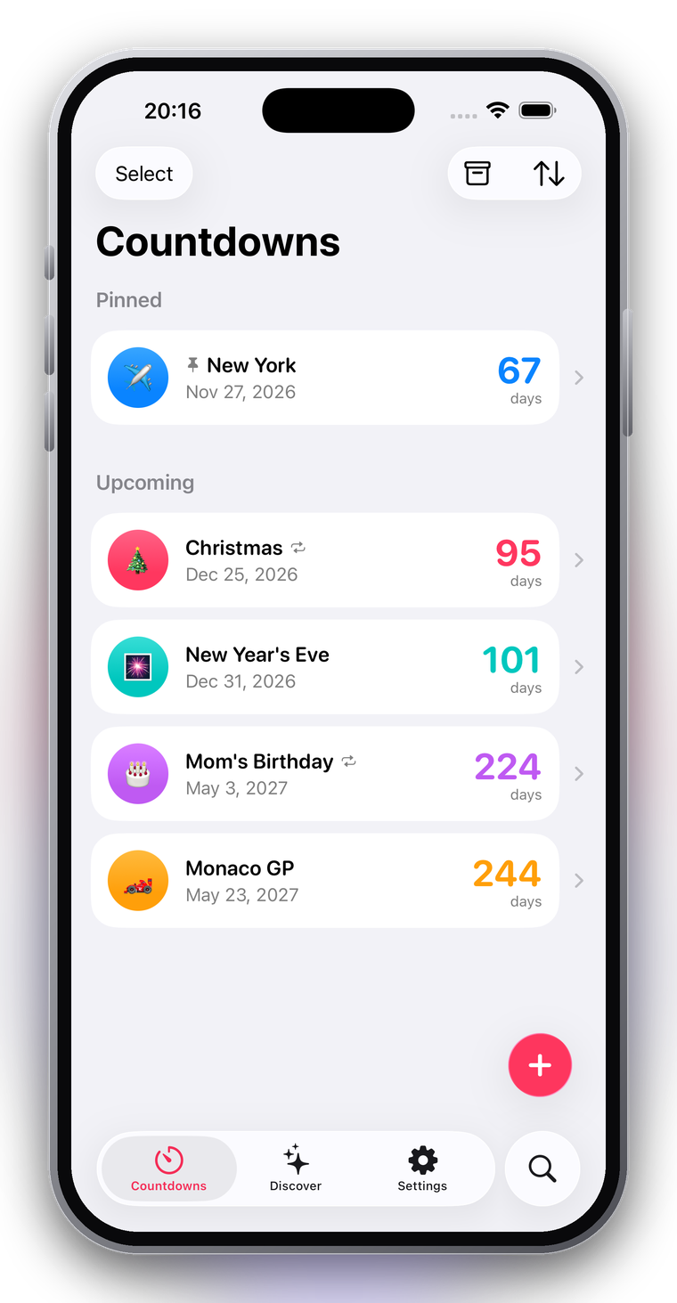 DAYS — the countdowns list with pinned and upcoming events.